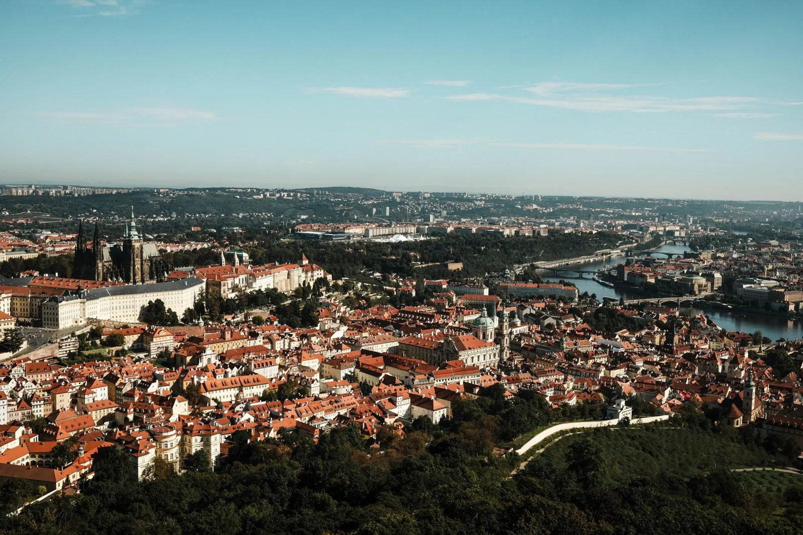 Stunning aerial view of Prague's historic architecture and scenic river on a clear day.