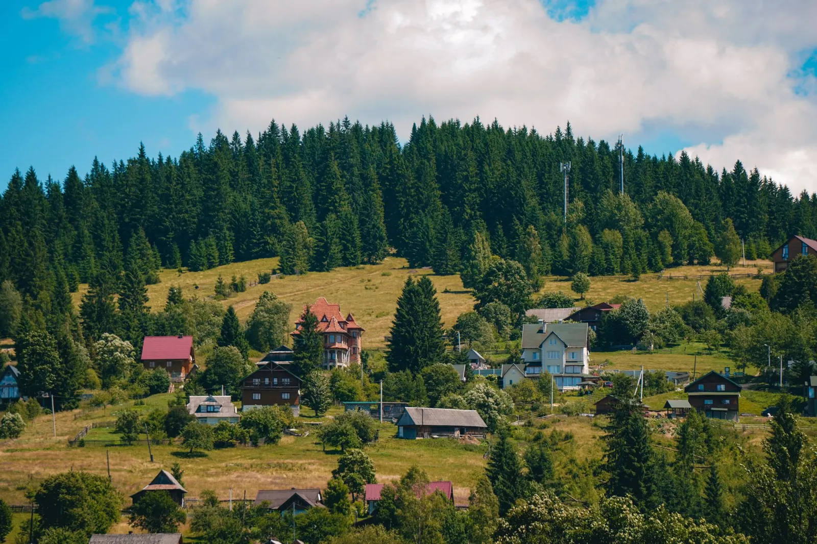 Picturesque village houses in Vorokhta, Ukraine against a forested hillside.