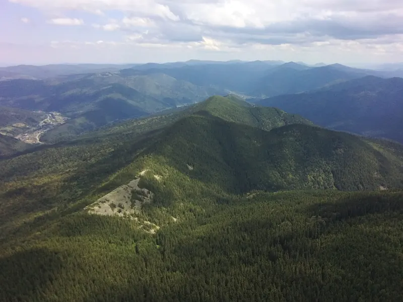 Green ridges of the Ukrainian Carpathians from the air