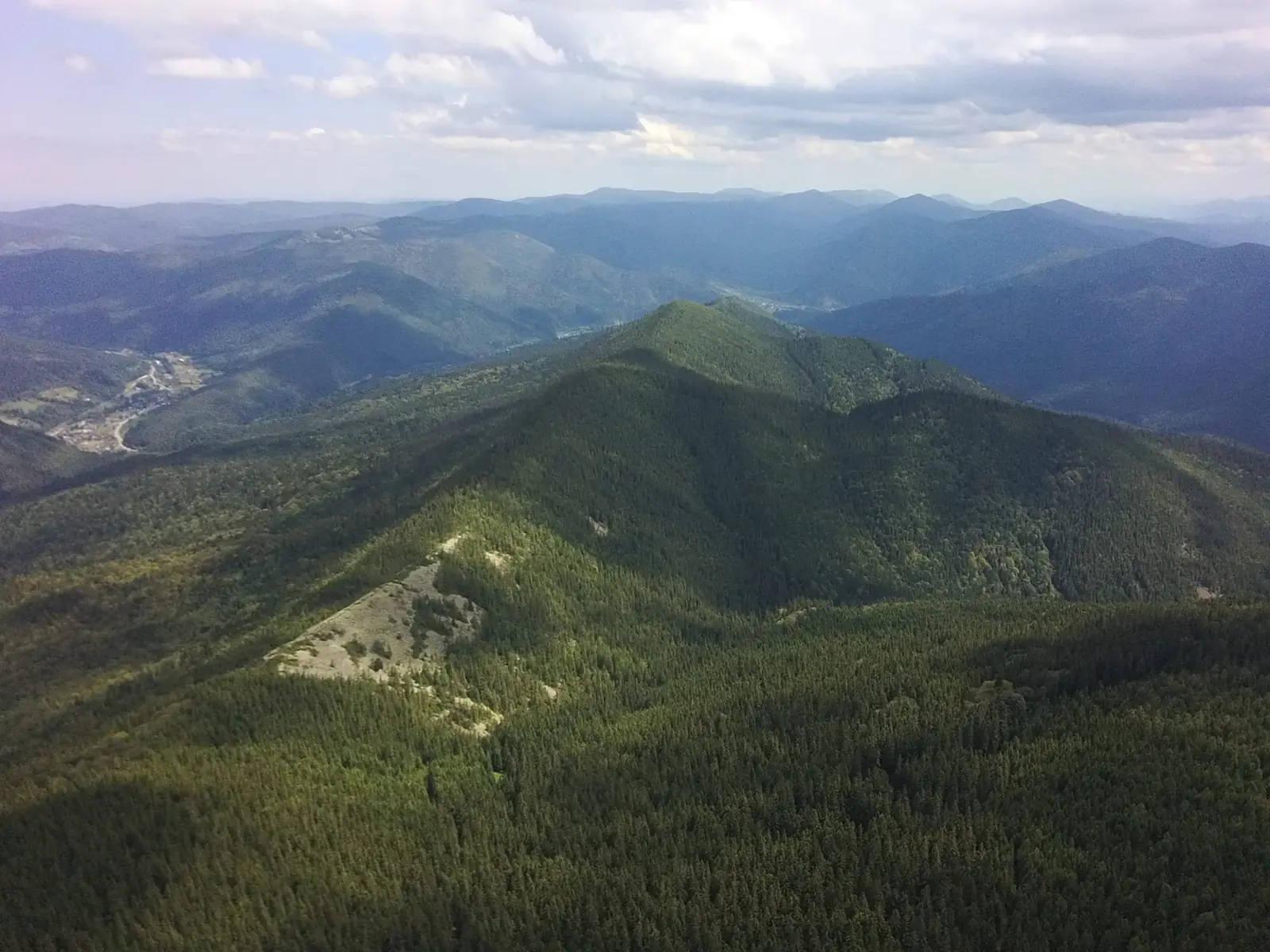 Green ridges of the Ukrainian Carpathians from the air