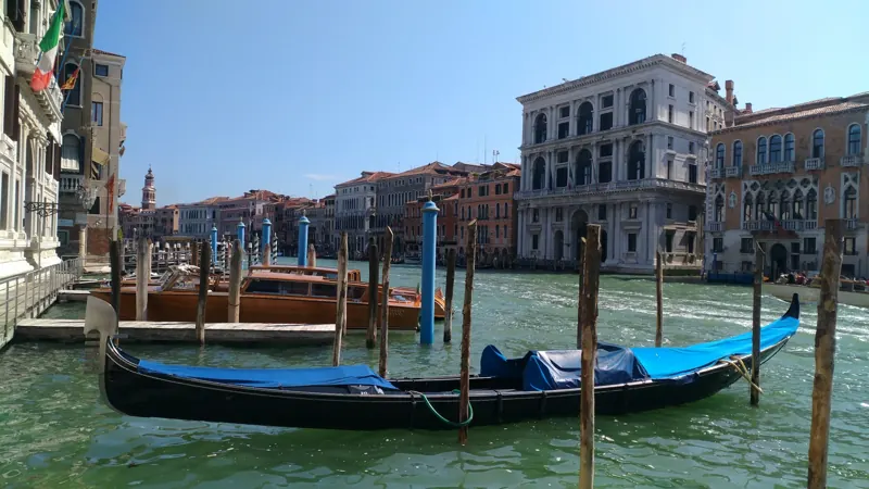 Gondolas moored in Venice