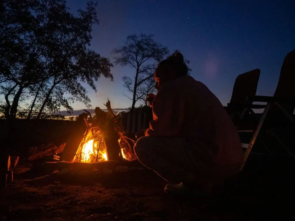A person crouches next to a campfire under a clear night sky in a forested area.