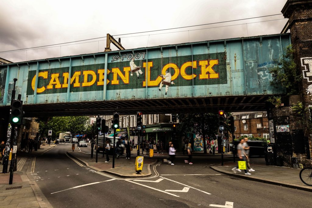 Vibrant city scene at Camden Lock Bridge in London, highlighting urban life.