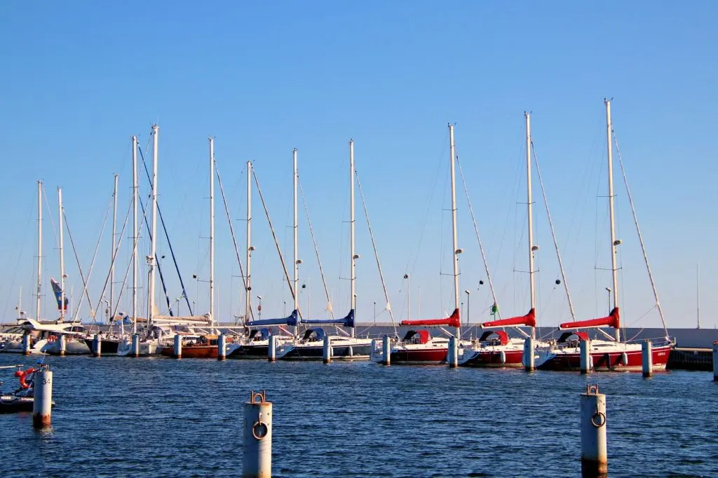 Sailboats docked at a marina under a clear blue sky, offering a serene oceanic view.