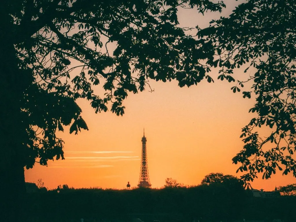 Breathtaking view of the Eiffel Tower framed by trees at sunset in Paris, France.