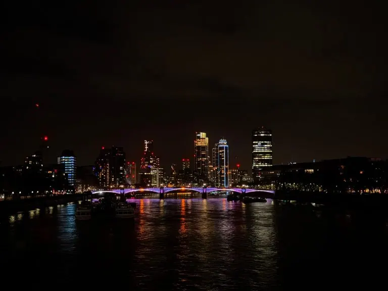 London skyline and an illuminated bridge at night