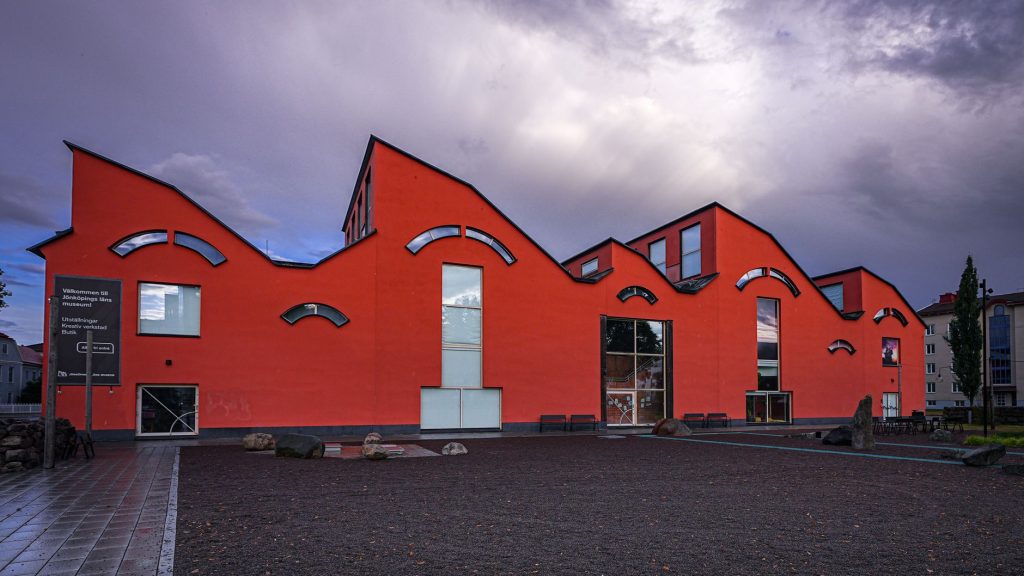 Striking modern building in Jönköping, Sweden with bold design.