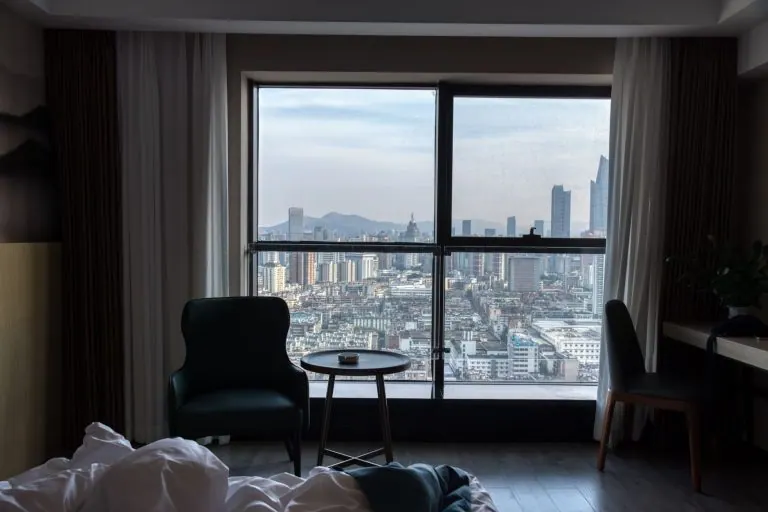 Luxury hotel room with a city view