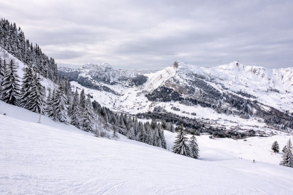 Breathtaking view of snowy mountains and pine trees in Auvergne-Rhône-Alpes, France.
