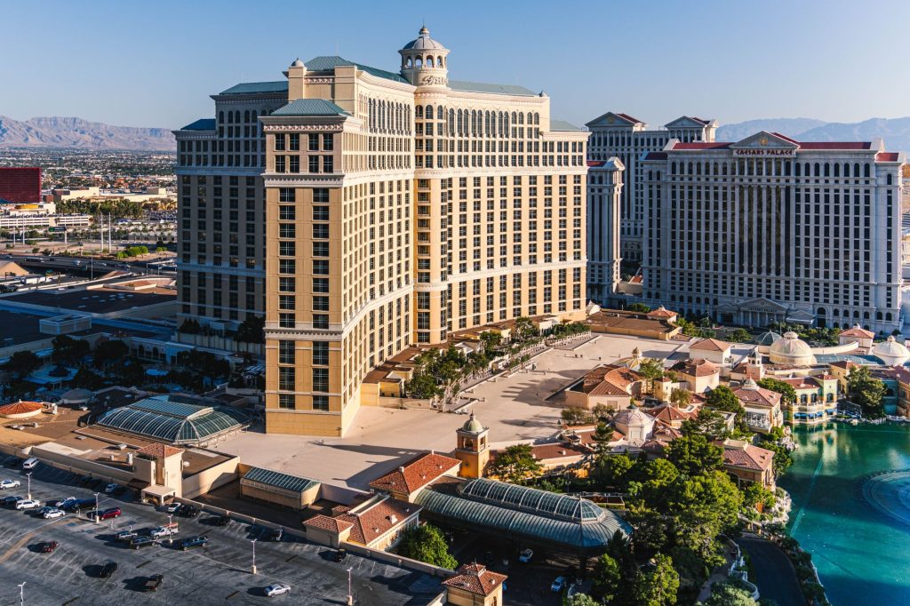 Stunning aerial view of the Bellagio Hotel and surrounding area on the Las Vegas Strip.
