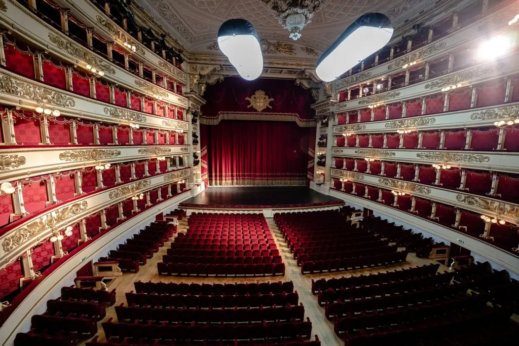 Stunning view of the historic La Scala Opera House theater in Milan, Italy.