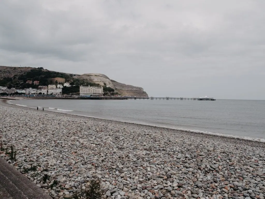 Scenic view of Llandudno's pebble beach with overcast skies and coastal town backdrop.