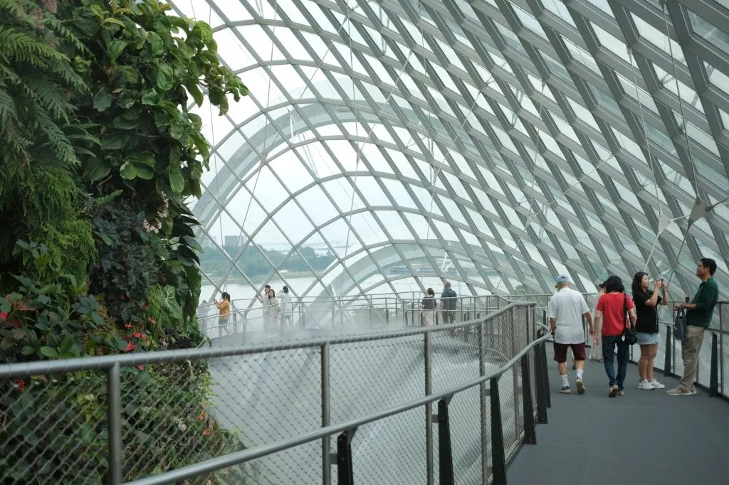 Visitors walk through the misty Cloud Forest Dome at Gardens by the Bay in Singapore, showcasing lush greenery and modern