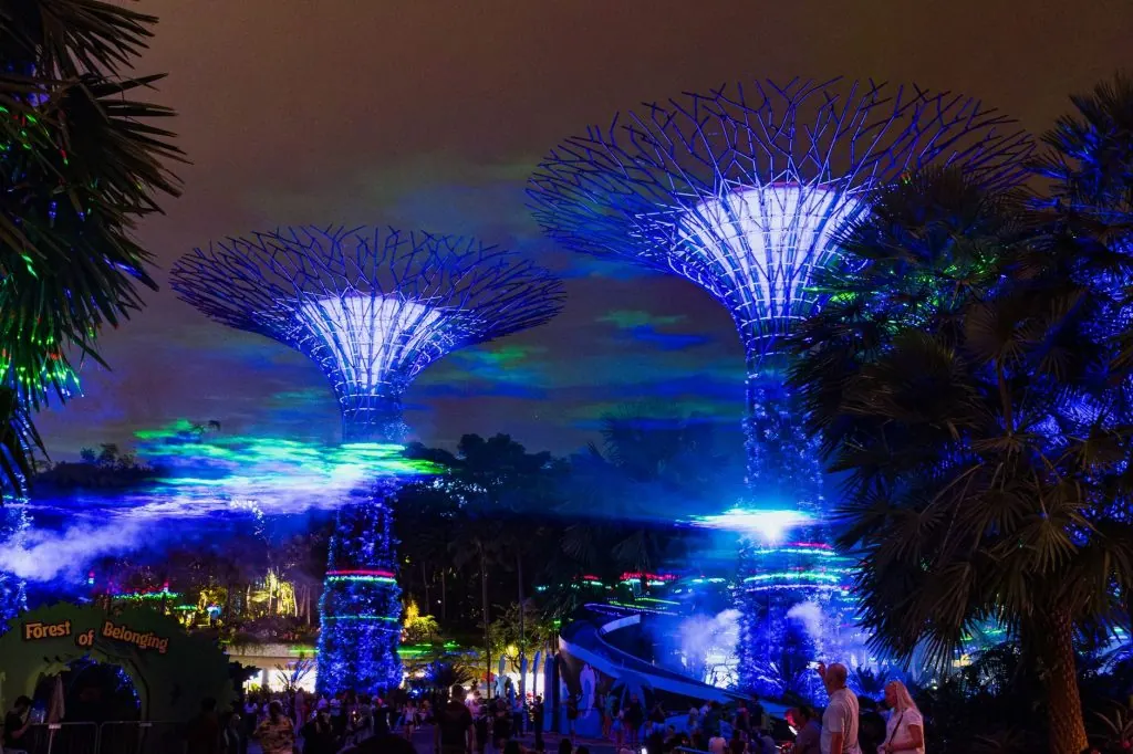 Illuminated Supertree Grove at Gardens by the Bay in Singapore, capturing vibrant lights and serene night atmosphere.