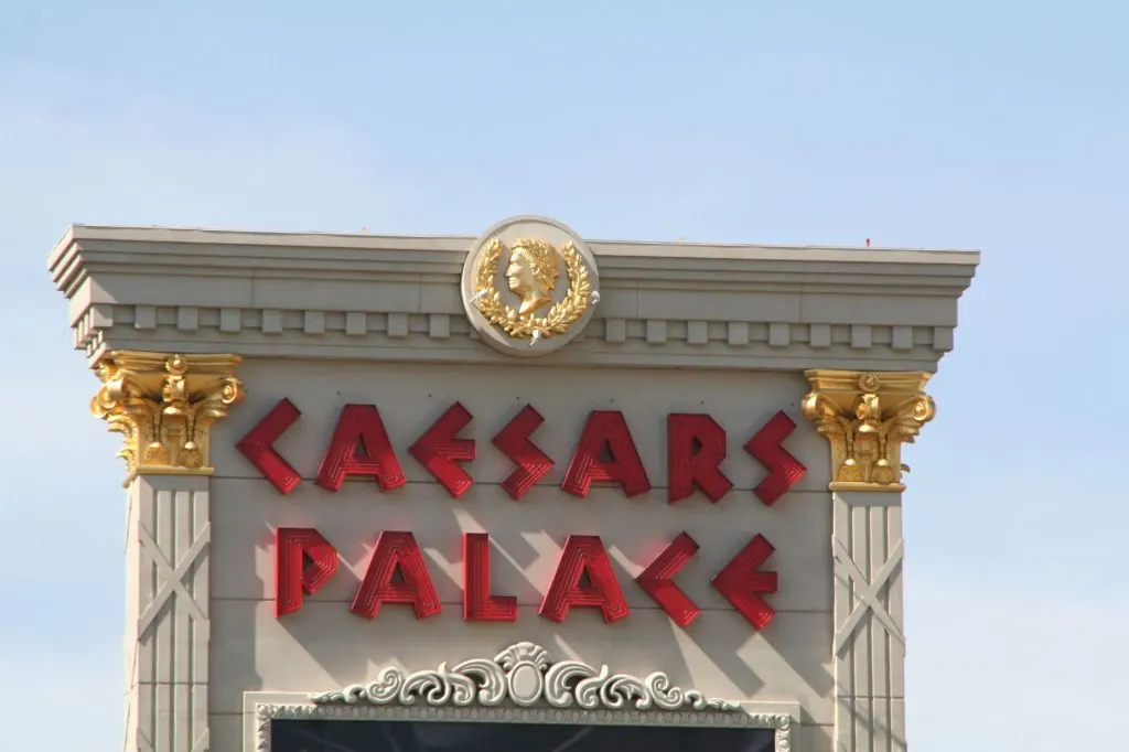 Close-up of the iconic Caesars Palace facade with ornate design in Las Vegas.