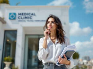 Woman considering rhinoseptoplasty abroad, standing outside a modern clinic with travel documents, symbolizing medical tourism for nose reshaping and better breathing.